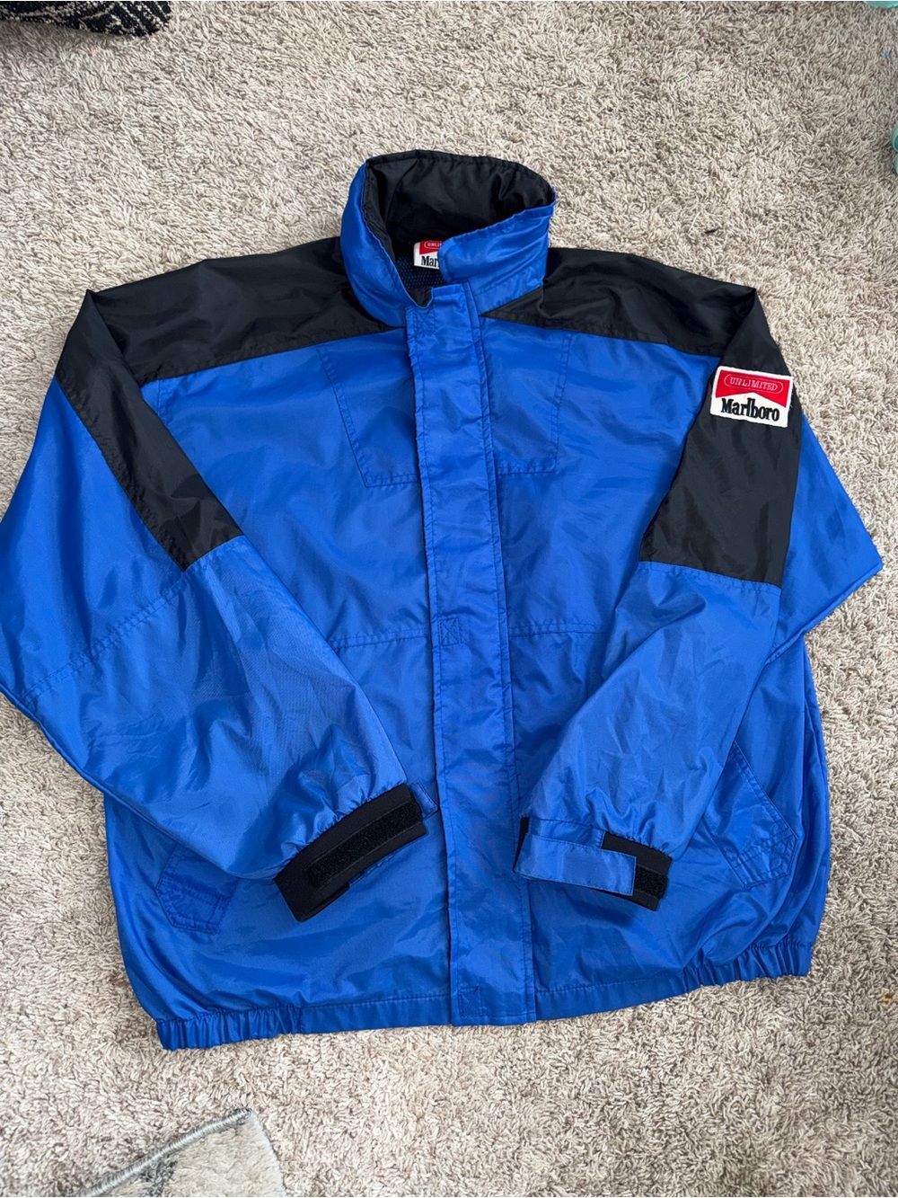 Marlboro Men's Blue & Black Hooded Windbreaker Jacket